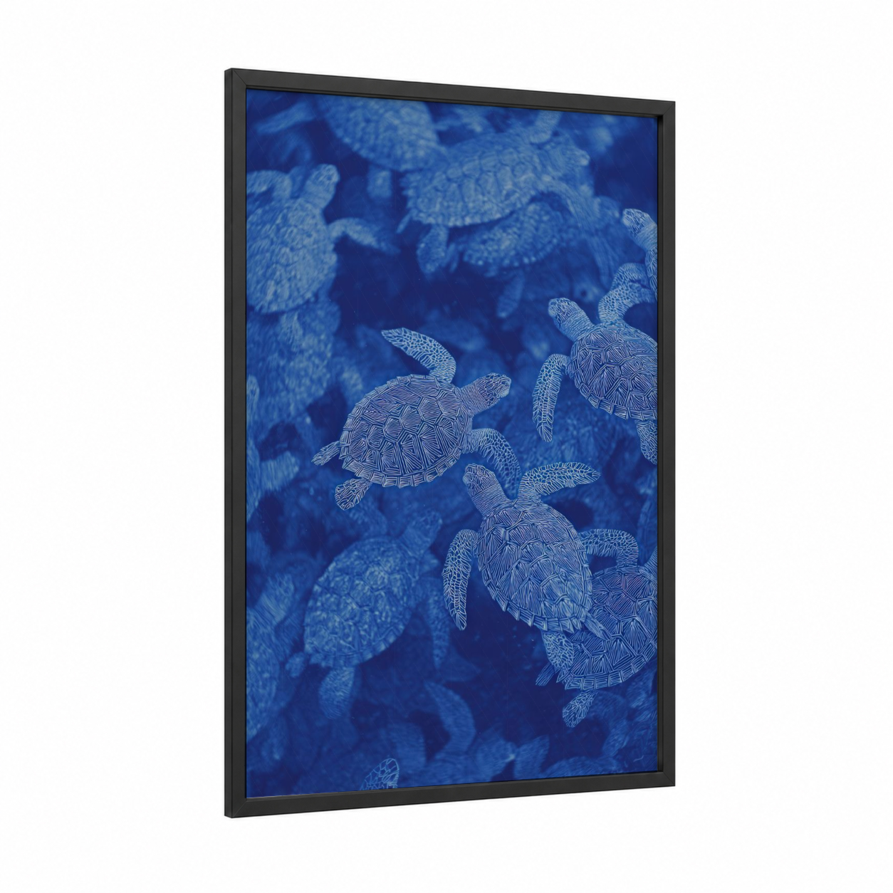 Ocean Hatchlings framed turtle print — black wood frame — blue and blue and white palette