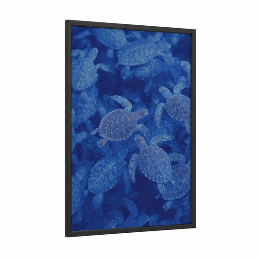 Ocean Hatchlings framed turtle print — black wood frame — blue and blue and white palette