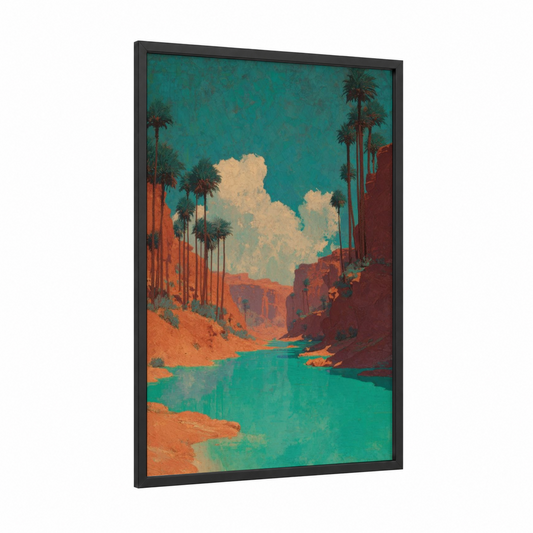 Desert Canal Oasis framed art print — black wood frame — teal and russet palette