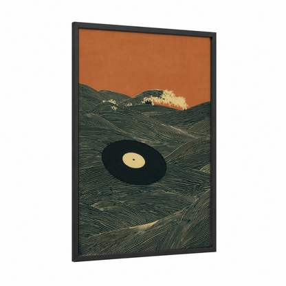 Vinyl Wave Landscape framed vinyl records print — black wood frame — orange and dark green palette