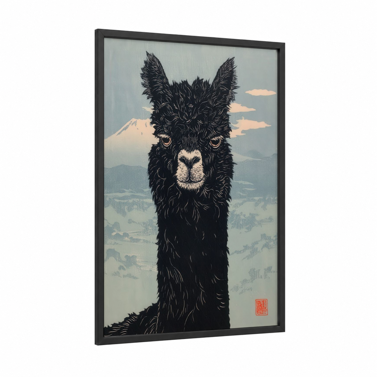 Snowy Alpaca framed art print — black wood frame — black and white and peach palette