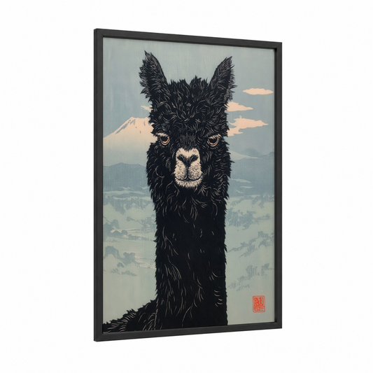Snowy Alpaca framed art print — black wood frame — black and white and peach palette