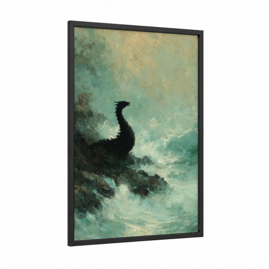 Stormy Basilisk framed art print — black wood frame — teal and cream palette