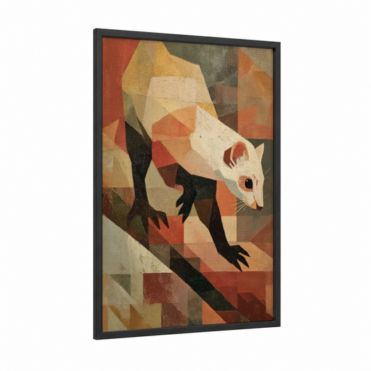 Geometric Weasel framed art print — black wood frame — gold palette