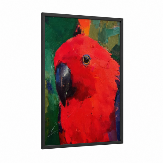 Scarlet Parrot Portrait framed safari parrots print — black wood frame — red and dark green palette