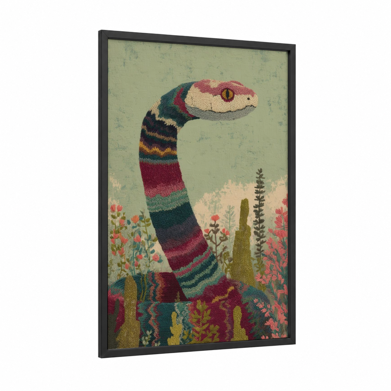 Striped Rattlesnake framed art print — black wood frame — maroon and teal palette