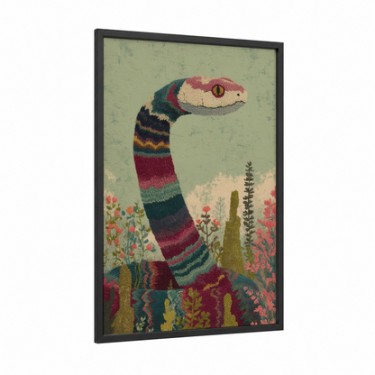 Striped Rattlesnake framed art print — black wood frame — maroon and teal palette