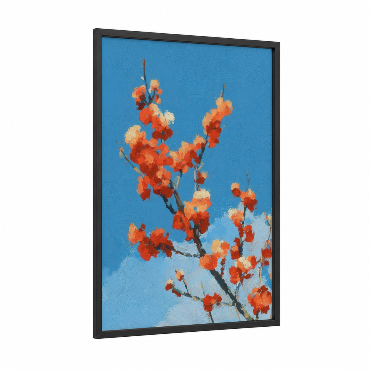 Crimson Blossoms Sky framed fruit print — black wood frame — blue and pumpkin palette