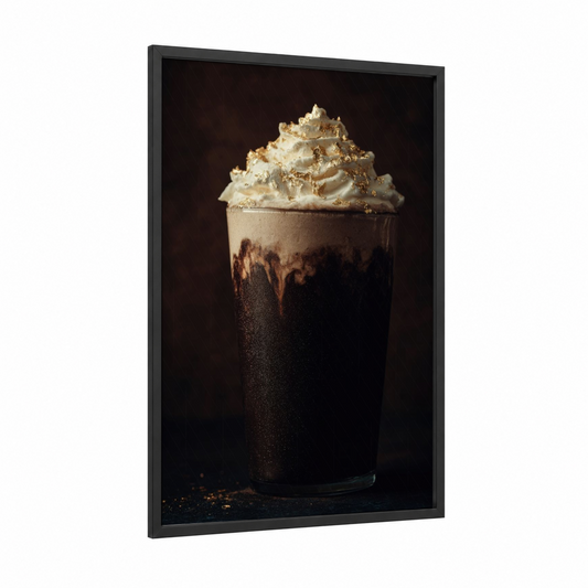 Golden Mocha Indulgence framed milkshake print — black wood frame — black and gold and champagne gold palette