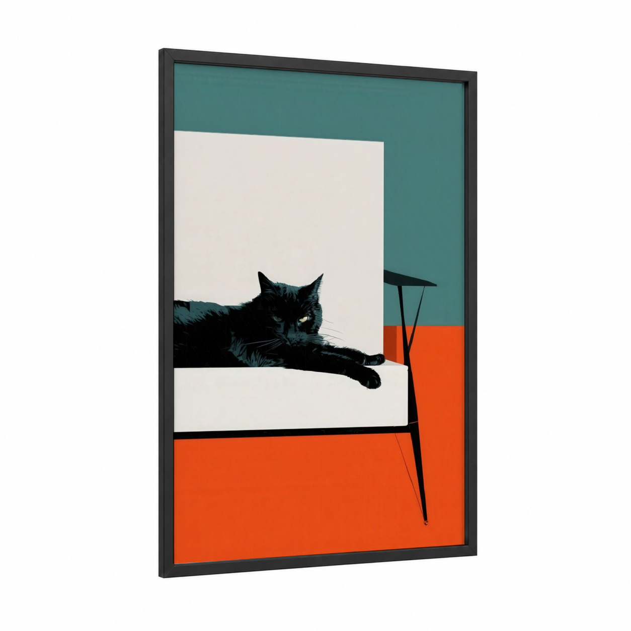 Lounging Black Cat framed art print — black wood frame — teal and orange palette