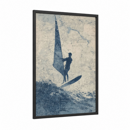 Vintage Windsurfer framed windsurfing print — black wood frame — blue and white and gray palette