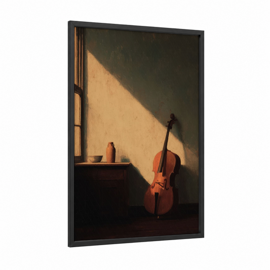 Golden Cello Light framed art print — black wood frame — gold and espresso palette