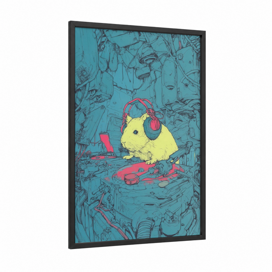 Gaming Hamster framed art print — black wood frame — turquoise and yellow gold palette