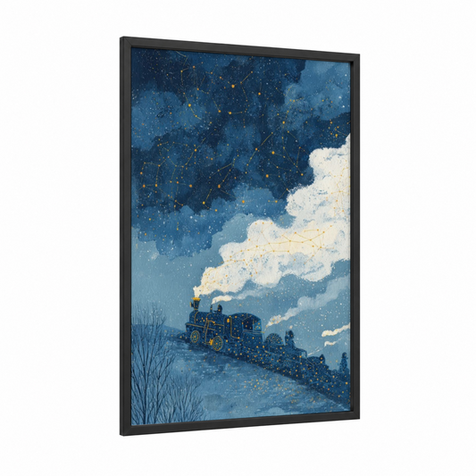Starlit Train Journey framed art print — black wood frame — blue and gold palette