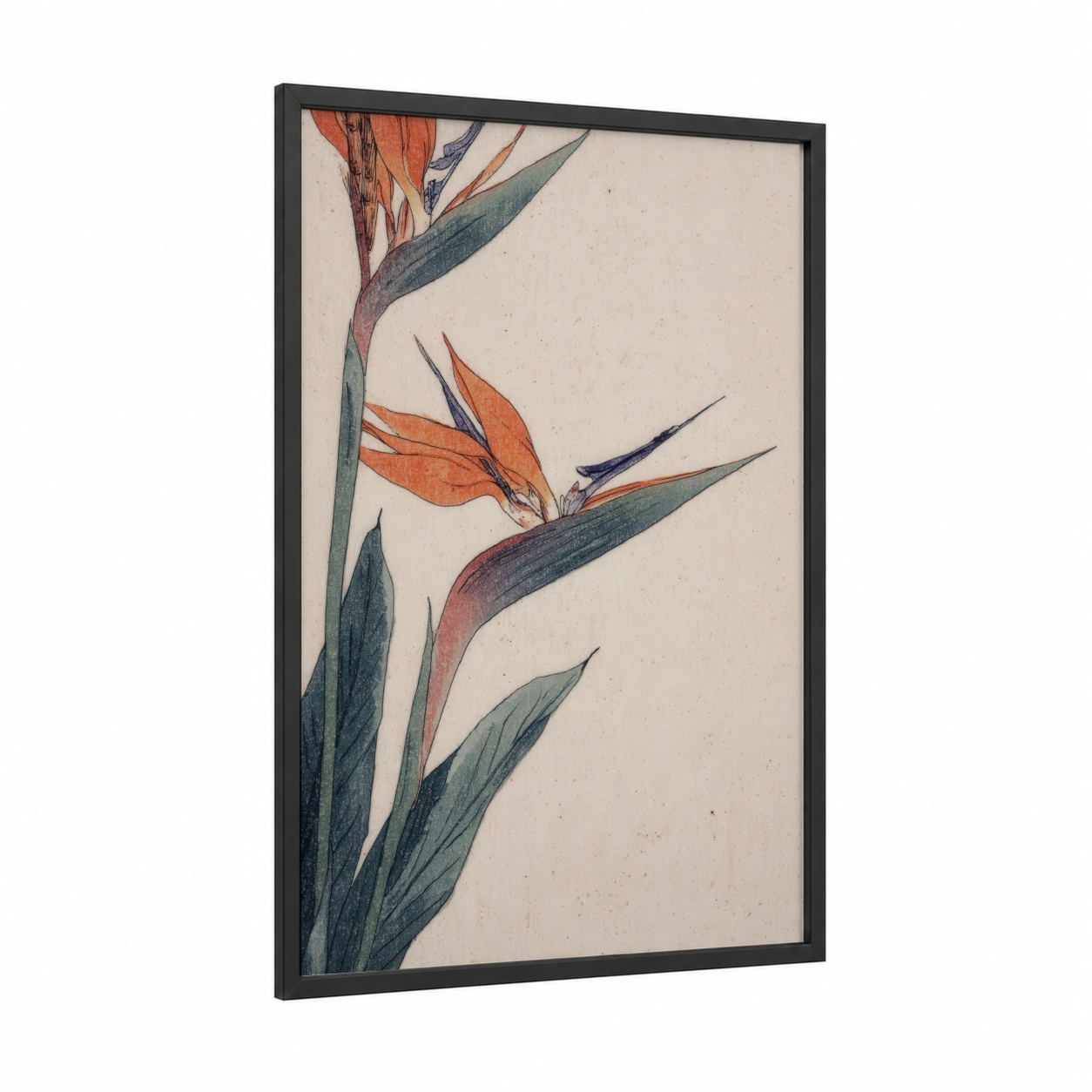 Tropical Bird Paradise framed birds of paradise print — black wood frame — orange and teal palette