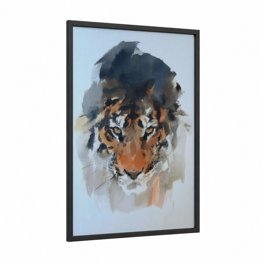 Golden Tiger framed art print — black wood frame — gold and gray palette
