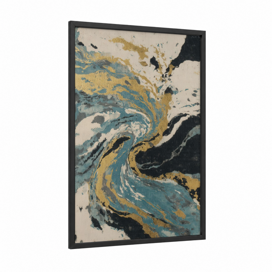 Golden Dolphin Dance framed dolphins print — black wood frame — gold and teal and black palette