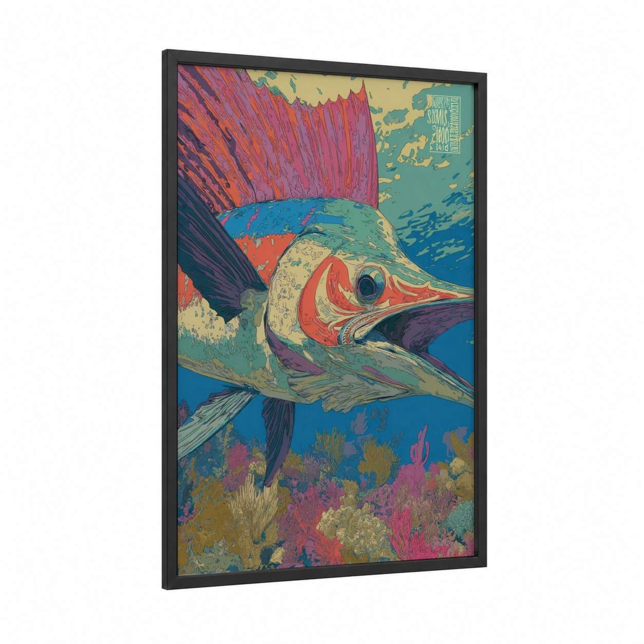 Coral Sailfish framed art print — black wood frame — magenta and gold palette
