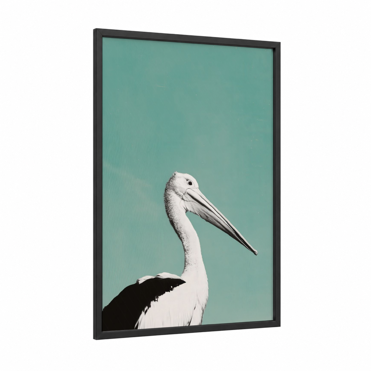 Turquoise Pelican framed art print — black wood frame — turquoise and white palette