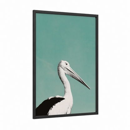 Turquoise Pelican framed art print — black wood frame — turquoise and white palette