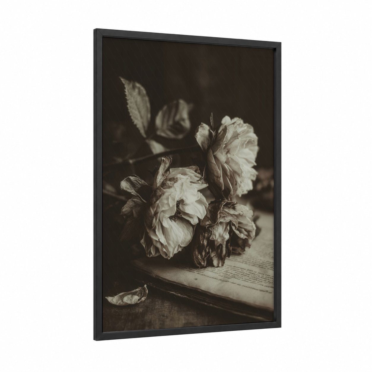 Faded Roses framed art print — black wood frame — black and white and dove gray palette