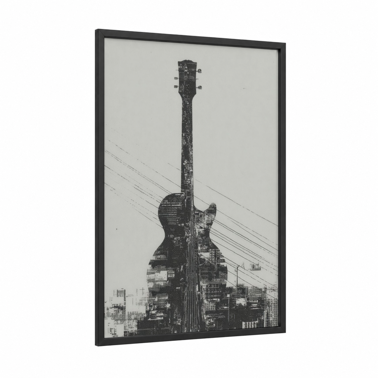 Urban Guitar framed electric guitar print — black wood frame — black and white palette
