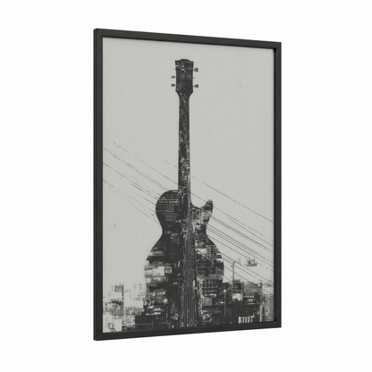 Urban Guitar framed electric guitar print — black wood frame — black and white palette