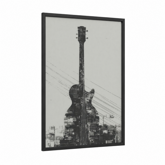 Urban Guitar framed electric guitar print — black wood frame — black and white palette