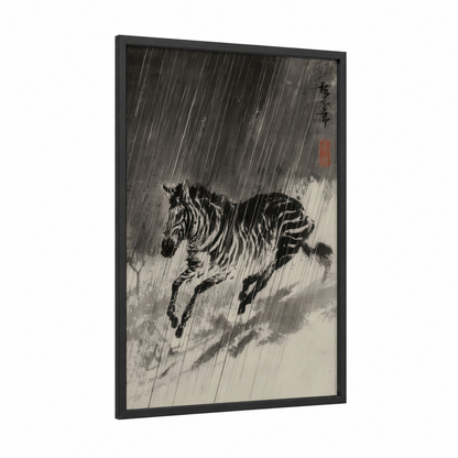 Rainstorm Zebra framed art print — black wood frame — black and white and gray palette