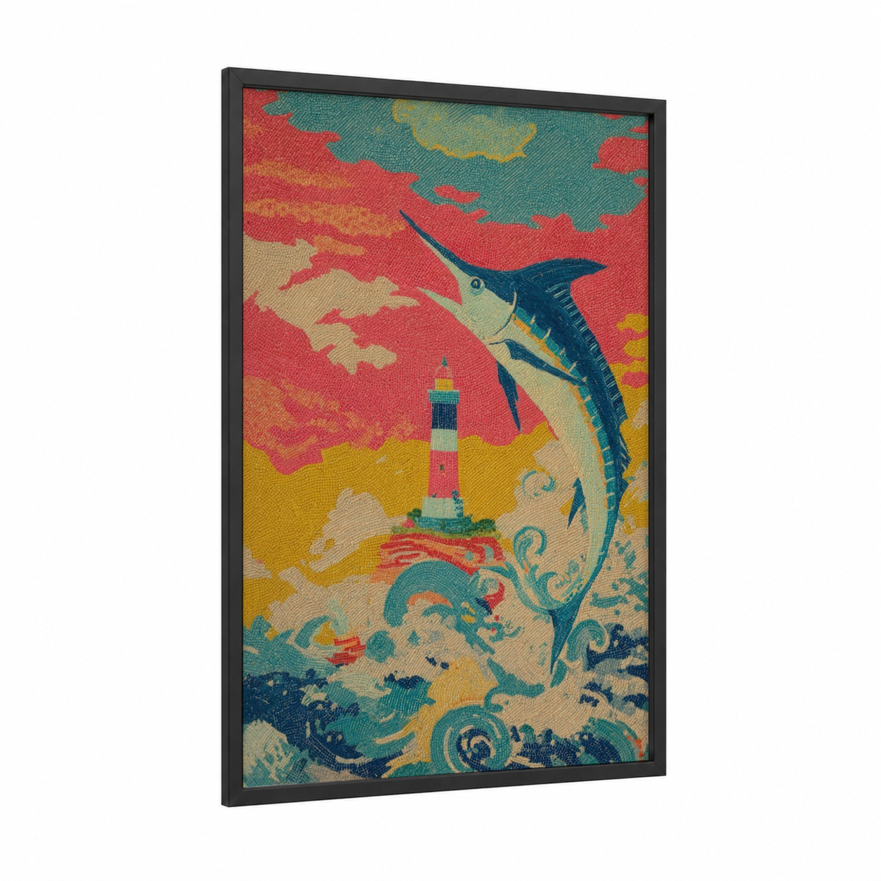 Marlin Lighthouse framed blue marlin print — black wood frame — teal and red palette