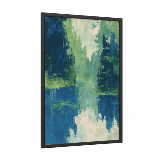 Serene Forest Reflection framed earth day print — black wood frame — blue and green palette