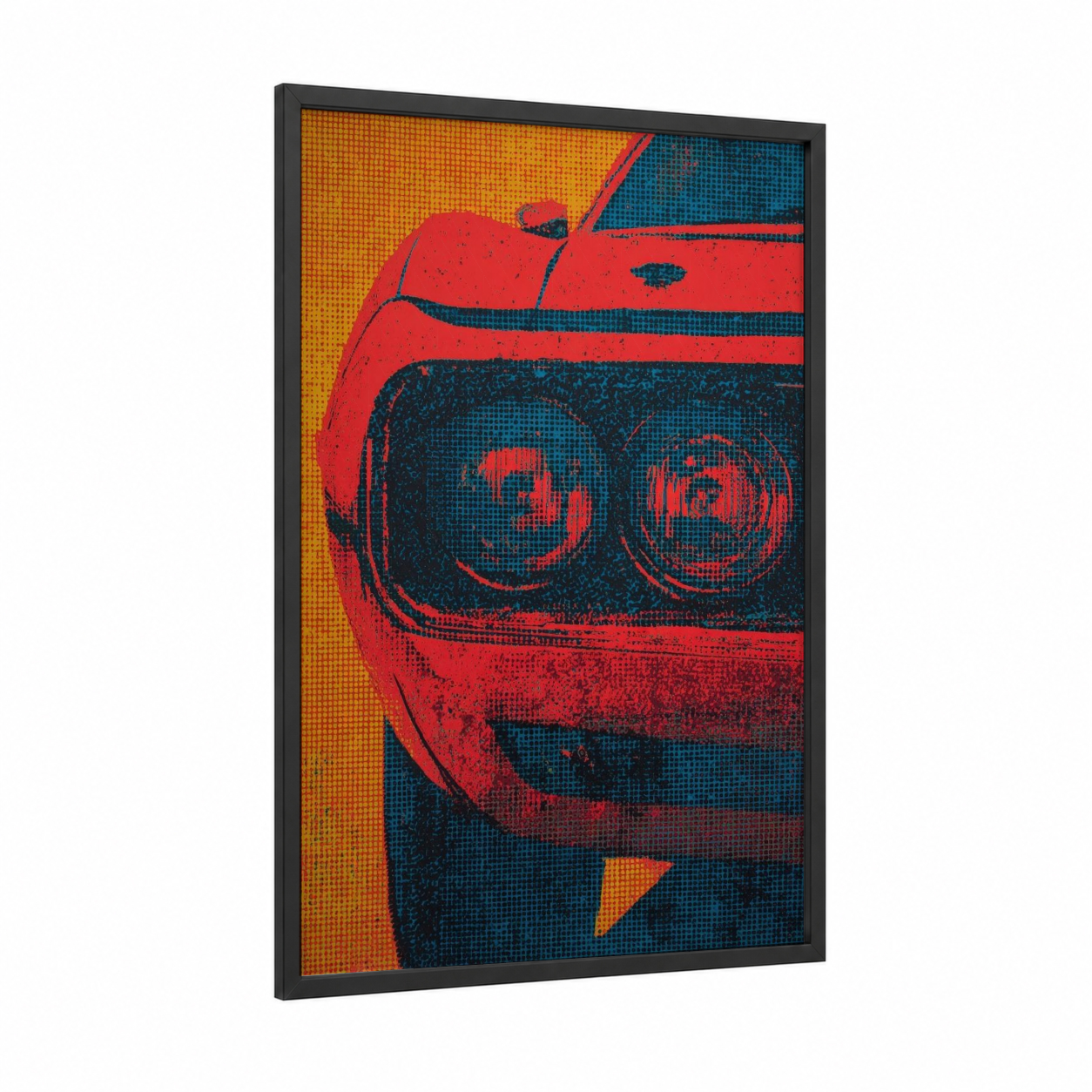 Crimson Speedster framed sports car print — black wood frame — red and blue palette