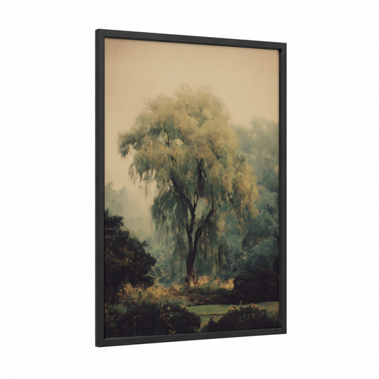 Misty Willow framed willow tree print — black wood frame — beige and sage green palette