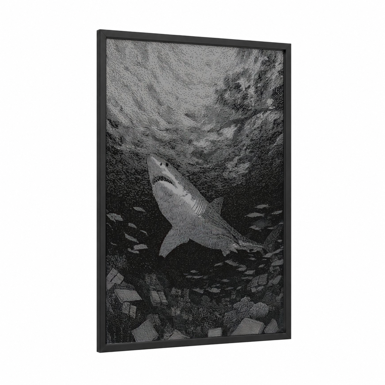 Ascending Predator framed great white shark print — black wood frame — black and white palette