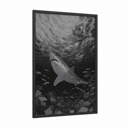 Ascending Predator framed great white shark print — black wood frame — black and white palette