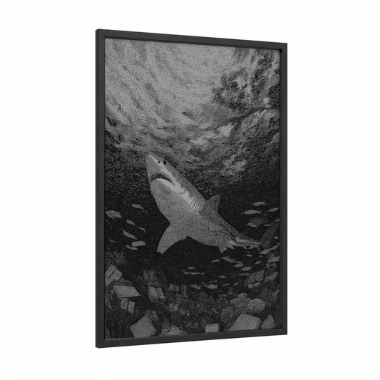 Ascending Predator framed great white shark print — black wood frame — black and white palette