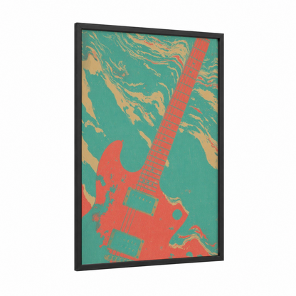 Coral Electric Guitar framed art print — black wood frame — red and teal palette