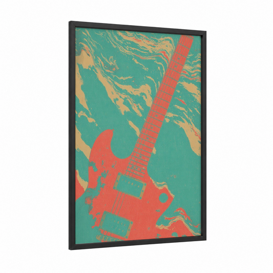 Coral Electric Guitar framed art print — black wood frame — red and teal palette