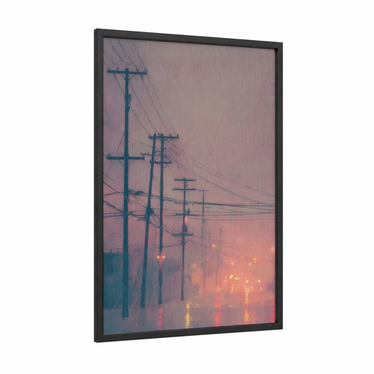 Rainy Dusk Lines framed power lines print — black wood frame — rose gold and dove gray palette