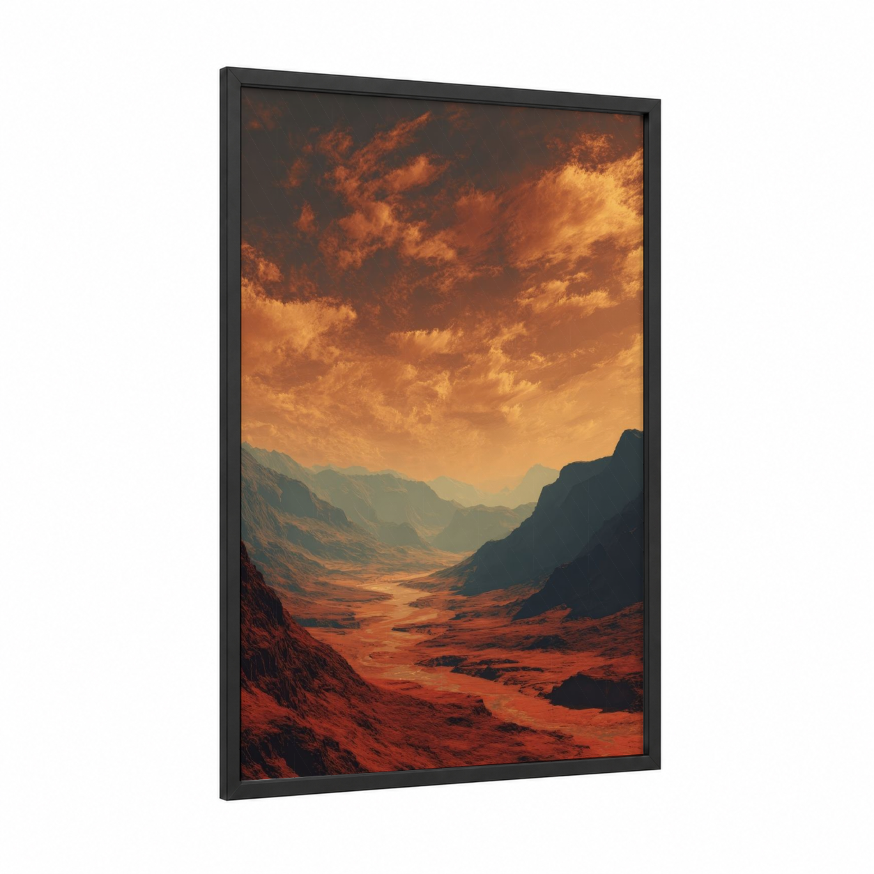 Golden Canyon Sunset framed art print — black wood frame — gold and orange palette