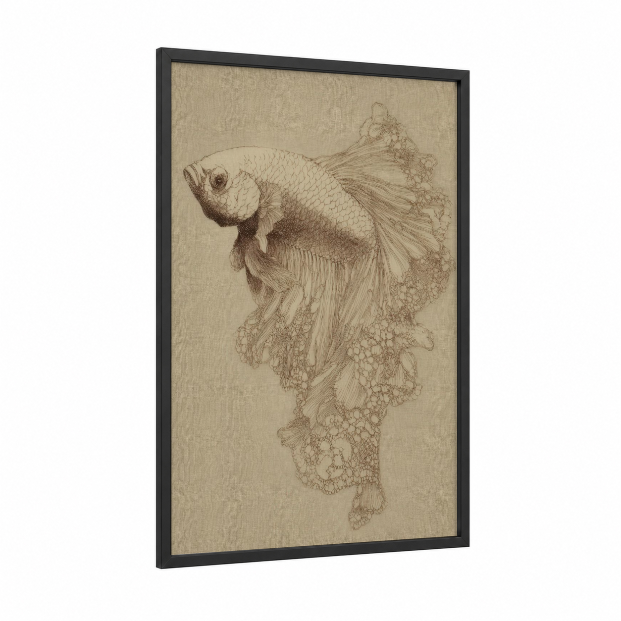 Flowing Betta Fish framed art print — black wood frame — beige and black and white palette