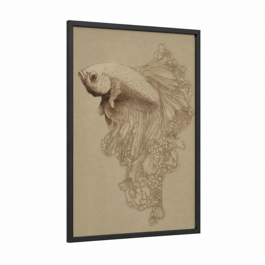 Flowing Betta Fish framed art print — black wood frame — beige and black and white palette