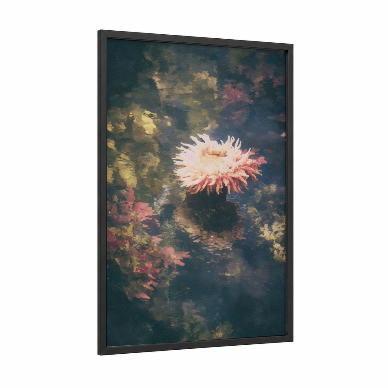 Coral Anemone framed sea anemone print — black wood frame — peach and sage green palette