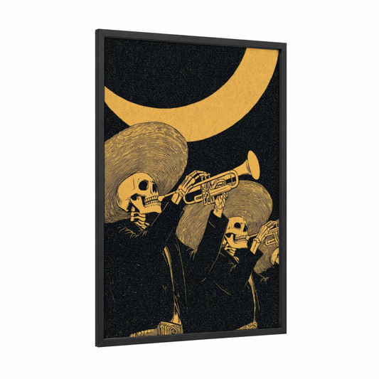 Skeletal Mariachi Band framed dia de los muertos print — black wood frame — gold and black palette