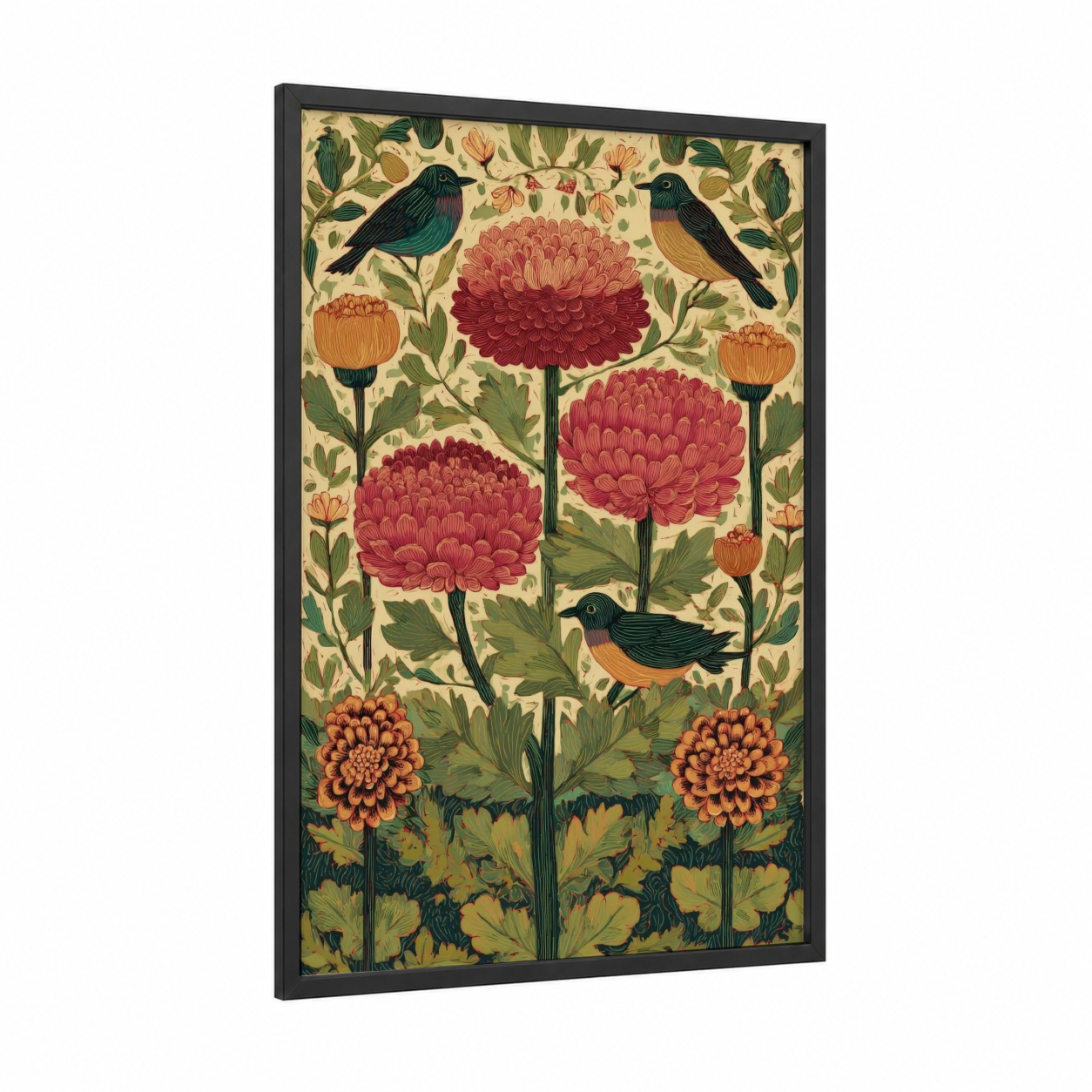 Chrysanthemum Garden framed art print — black wood frame — cream and red palette