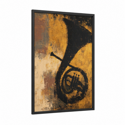 Golden French Horn framed art print — black wood frame — gold and black palette