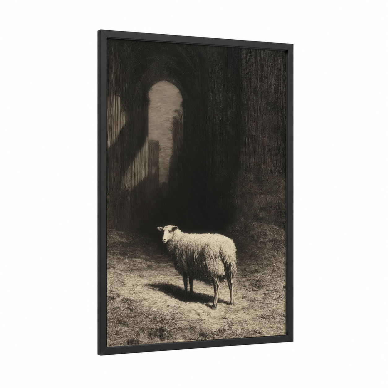 Solitary Sheep framed art print — black wood frame — black and white and cream palette