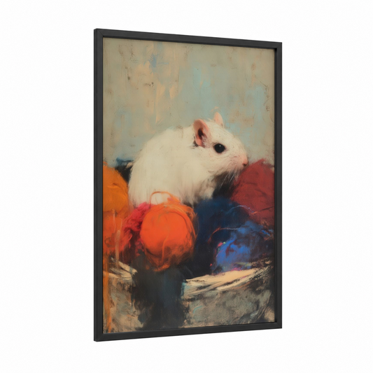 Curious Gerbil framed art print — black wood frame — orange and red palette