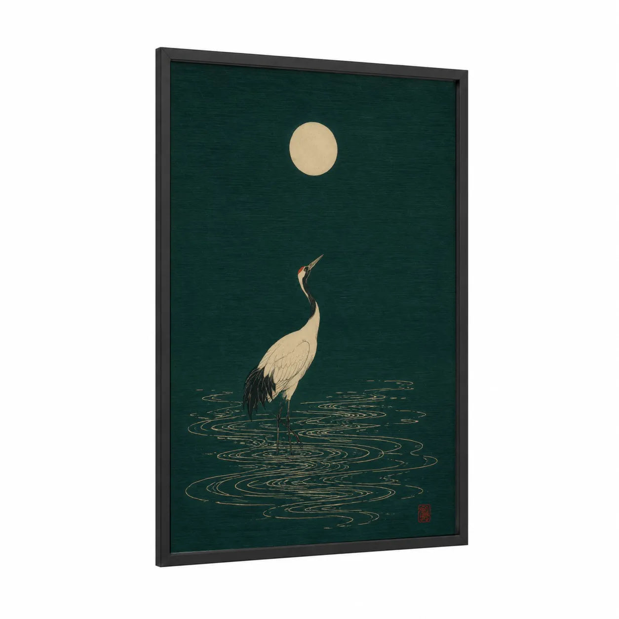 Japanese Crane Under Moon Wall Art framed art print — black wood frame — dark green and cream palette