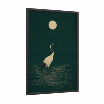 Japanese Crane Under Moon Wall Art framed art print — black wood frame — dark green and cream palette